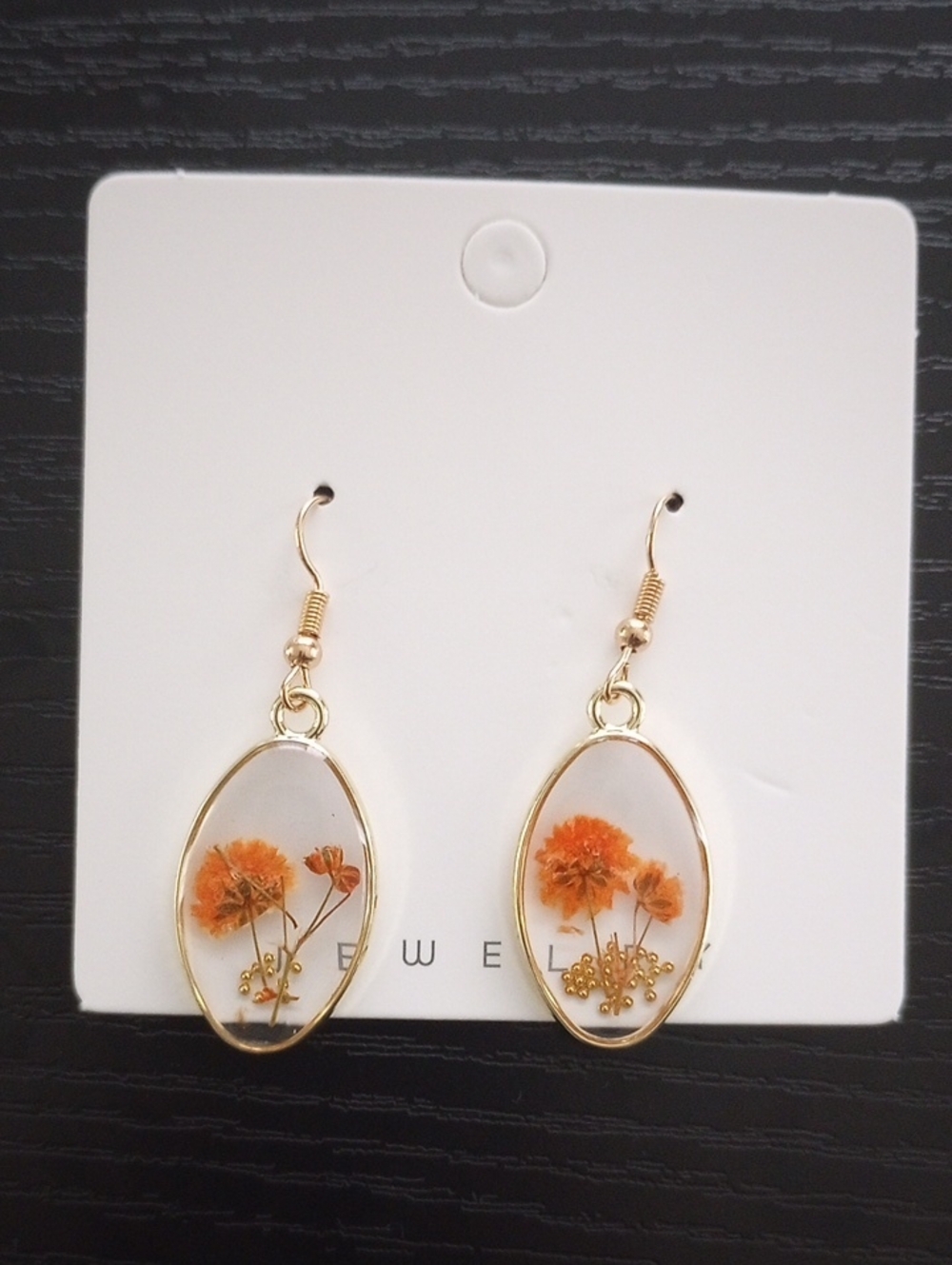 Golden Oval Resin Dangle Earrings with Orange Flowers Inlay